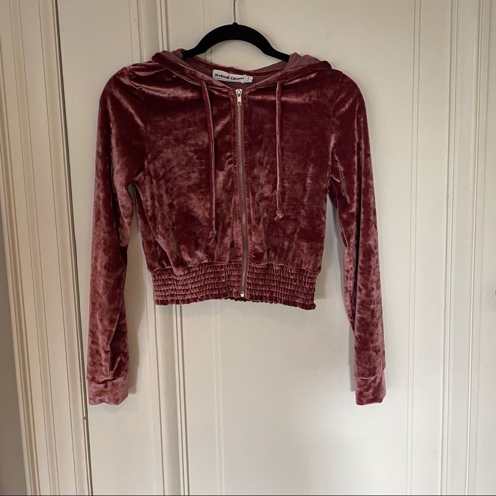 Cropped Pink Velour Drawstring Hoodie size Small